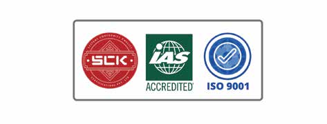 AZSCO certification badges: SCK, IAS accredited and ISO 9001
