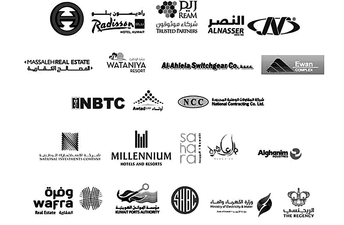 شعارات عملاء أزسكو، ومنهم فندق راديسون بلو الكويت، والنصر، وميلينيوم للفنادق والمنتجعات، والهيئة العامة لموانئ الكويت وغيرهم