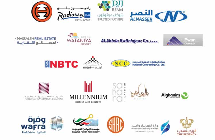 Logos of AZSCO clients including Radisson Blu Hotel Kuwait, Alnasser, Millennium Hotels and Resorts, Kuwait Ports Authority and others