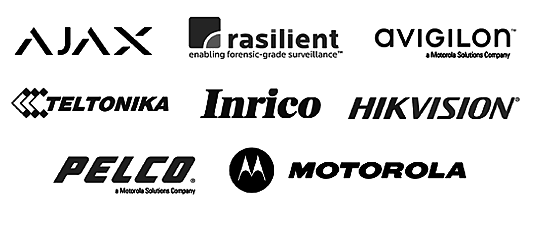 Logos of AZSCO technology partners: Ajax, Rasilient, Avigilon, Teltonika, Inrico, Hikvision, Pelco and Motorola